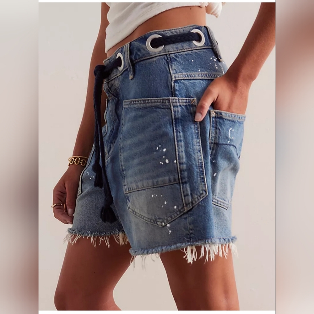 Free People Blue Distressed Denim Jean Shorts with Rope Tie - Picture 3 of 8